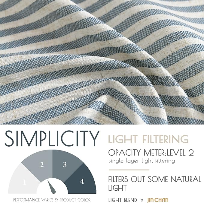 jinchan Tie Top Linen Kitchen Curtains 36 Inches Striped Tier Curtains Farmhouse Modern Cafe Style Small Window Treatments Airy Light Filtering Rod Pocket for Living Room Bathroom 2 Panels Blue
