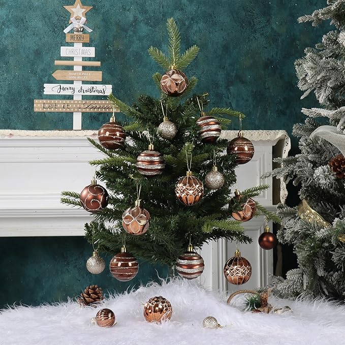 100Pcs Christmas Balls Ornaments Set, Shatterproof Christmas Decorations with Hand-held Gift Package for Xmas Tree/Holiday/Wedding/Holiday/Party Decor (Brown&Gold)