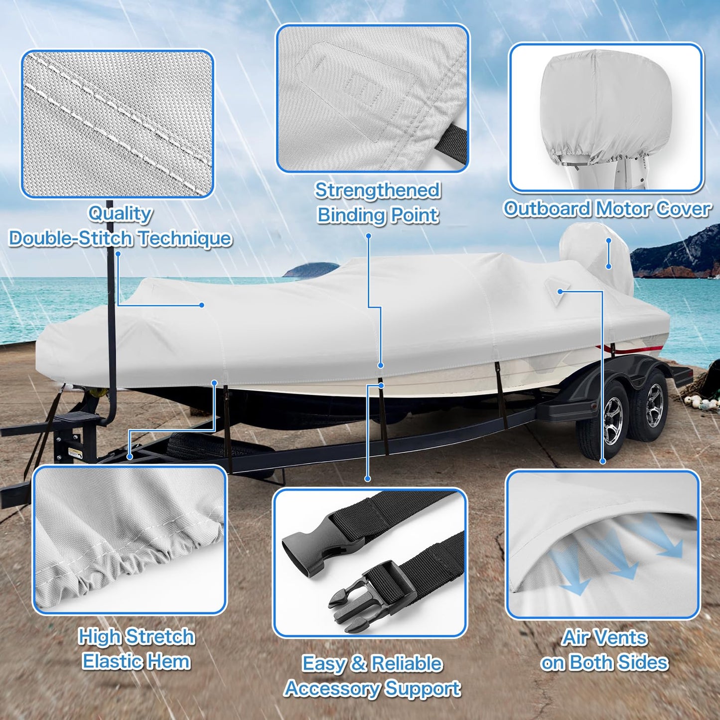 Solim Waterproof 1200D PU Boat Cover with Motor Cover, 14-16' Heavy Duty Marine Grade Trailerable Anti-UV Polyester Canvas, Fits 14-16ft Bass Boat, V-Hull, Fishing Boat, Runabout, Ski boat with Straps