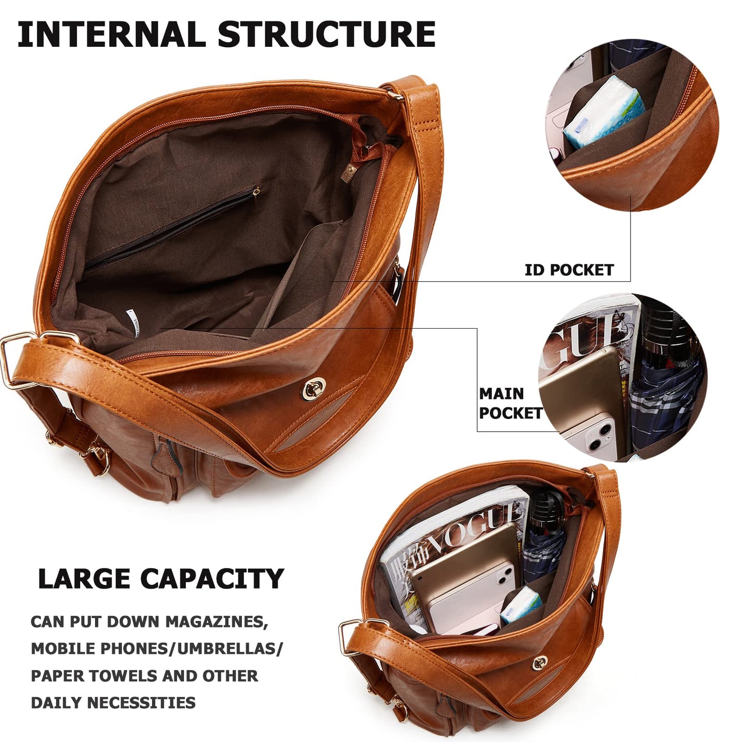 myfriday Vintage Leather Fashion Backpack Purse for Women Large Capacity Convertible Backpack Travel Daily Daypack (Brown)
