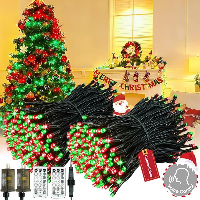 Voice Control Connectable 2PK 164FT 400LED Christmas String Lights Indoor Outdoor with Remote | Smart Twinkle Fairy String Lights 12 Modes & Timer for Xmas Tree Decor (Red & Green)
