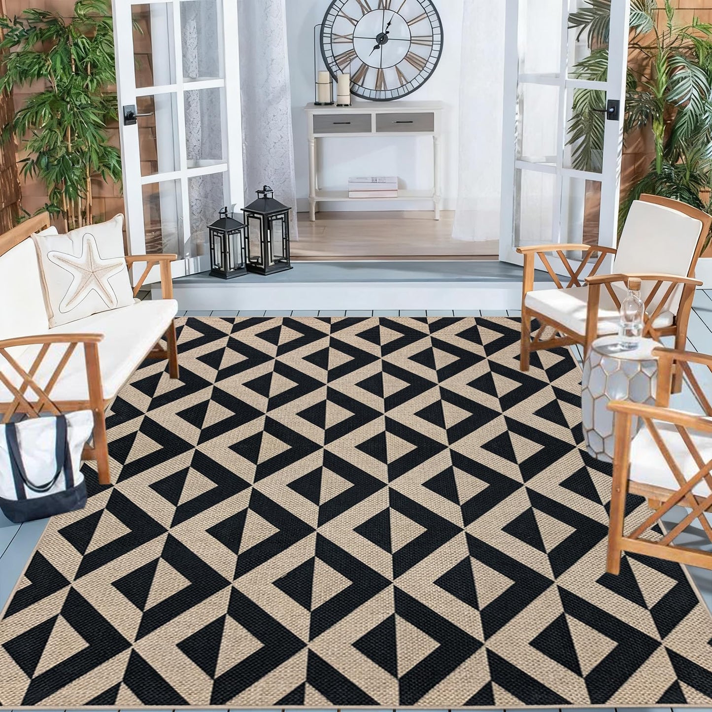 USTIDE Washable Jute 5x7 Area Rugs Washable Geometric Triangle Outdoor Patio Rug Indoor Outdoor Carpet for Living Room Dining Room Non Slip Farmhouse Carpet for Backyard Bedroom