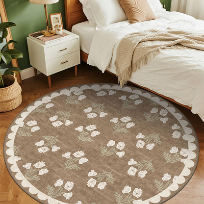 Othilic Tan Entryway Round Rug 4ft - Washable Boho Floral Neutral Farmhouse Scalloped Round Area Rug for Bedroom Non Slip Stain Resistant Circle Rugs for Living Room Kitchen Entryway Bathroom Nursery
