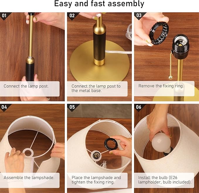 21" Bedside Lamps for Bedroom Living Room Modern Table Lamp Nightstand Lamp for End Tables 3-Color Temperatures Pull Chain Switch Wood Fabric for Home/Office/Desk Decor (Light Brown+Brass)