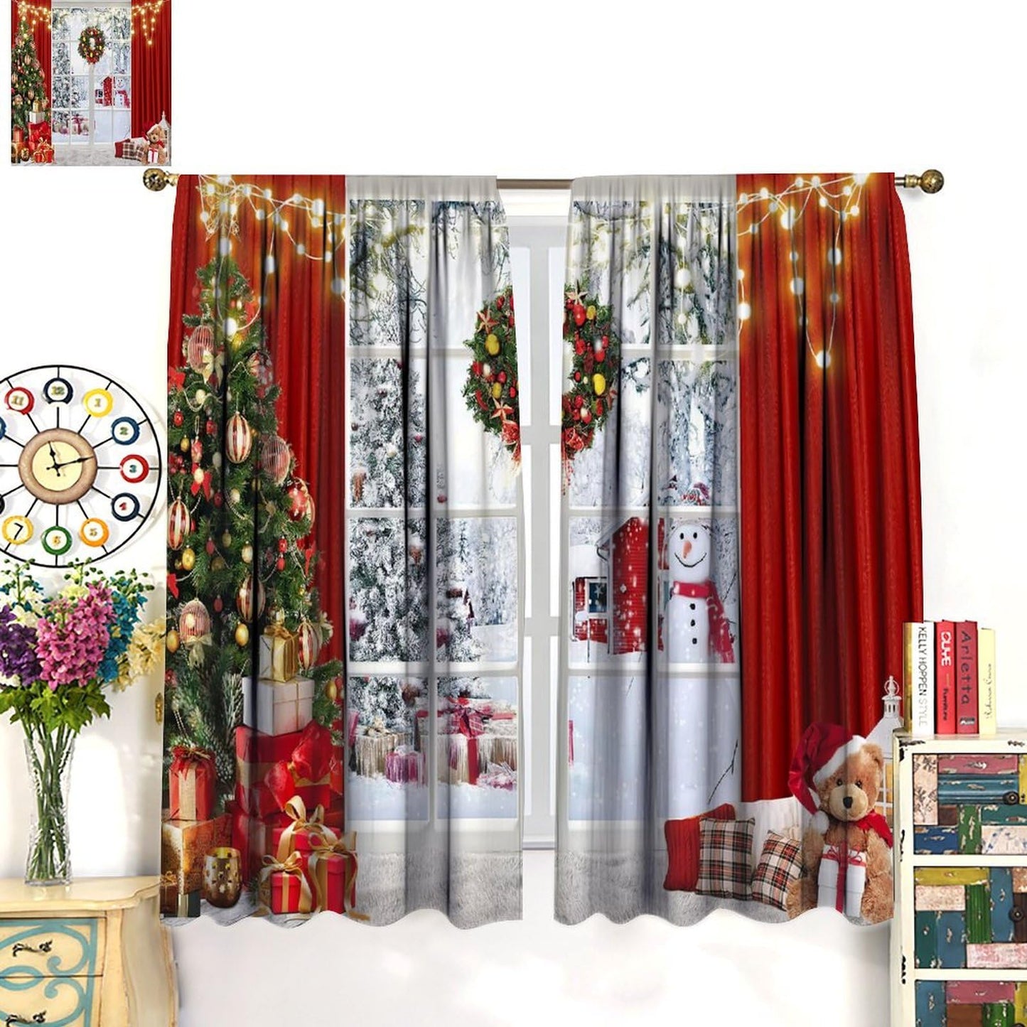 FengMingRui Merry Christmas Curtains Winter Festival Snowman Christmas Tree New Year Christmas Window Treatment Bedroom Living Room Decoration Blackout Decor Window Drapes 42" W X 45" L