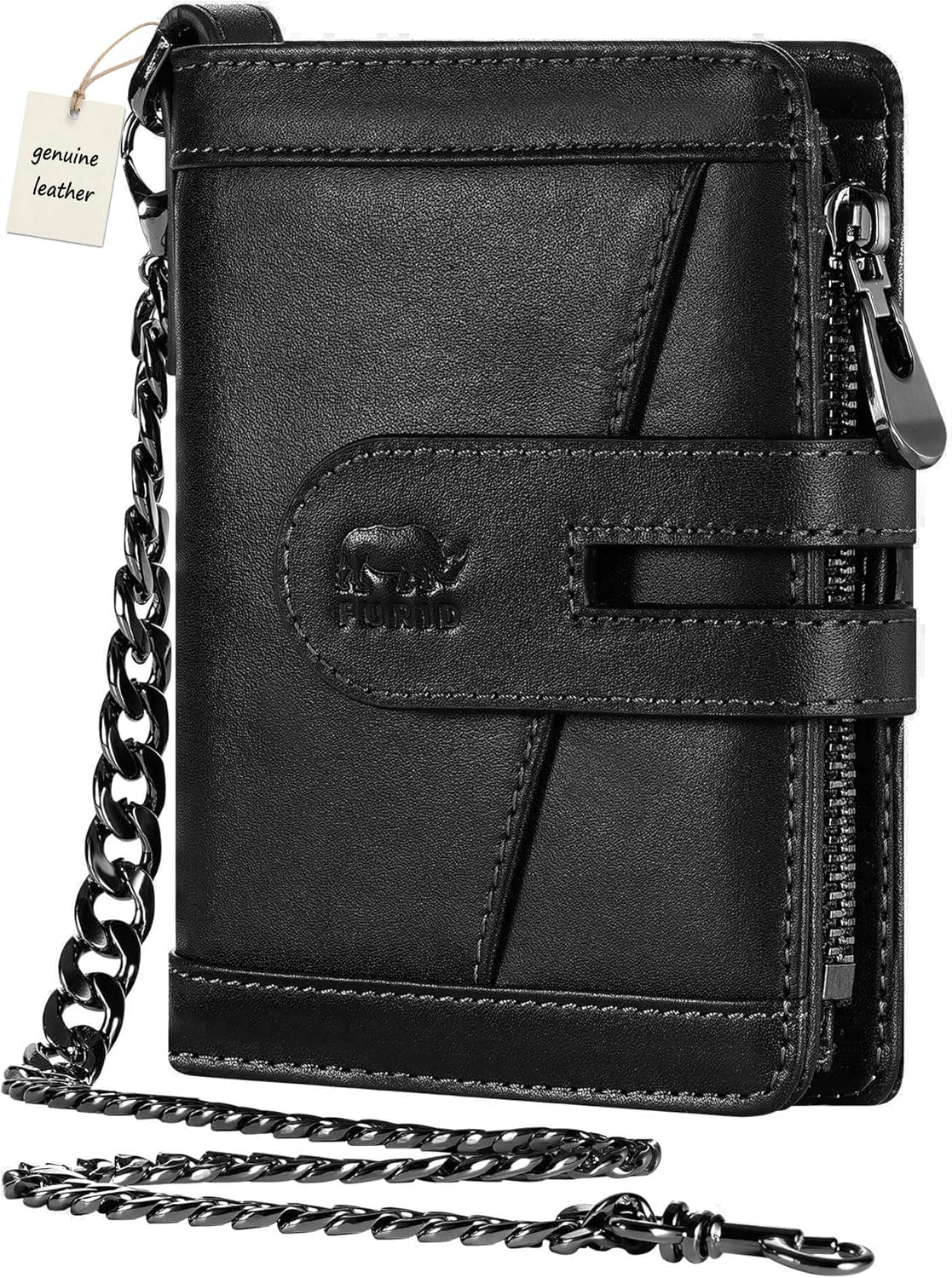 furid Genuine Leather Chain Wallet: Bifold Zipper Coin Pocket with Anti-Theft Chain - RFID Blocking Biker Wallet for Men - Gift for Father Husband Motorcycle Outdoor Use