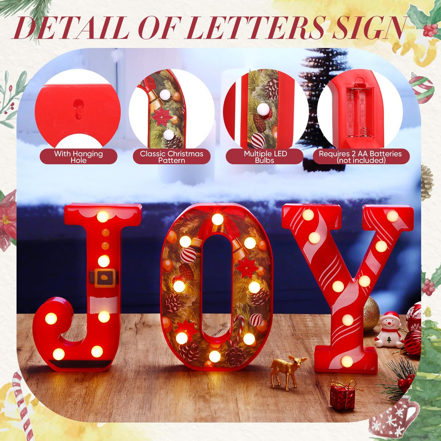 Honoson 3 Pcs LED Marquee Light Up Letters Joy Christmas Alphabet Letter Signs JOY LED Letter Lights For Mantle Home Bar Bedroom Tabletop Fireplace Wall Xmas Wedding Party Decor