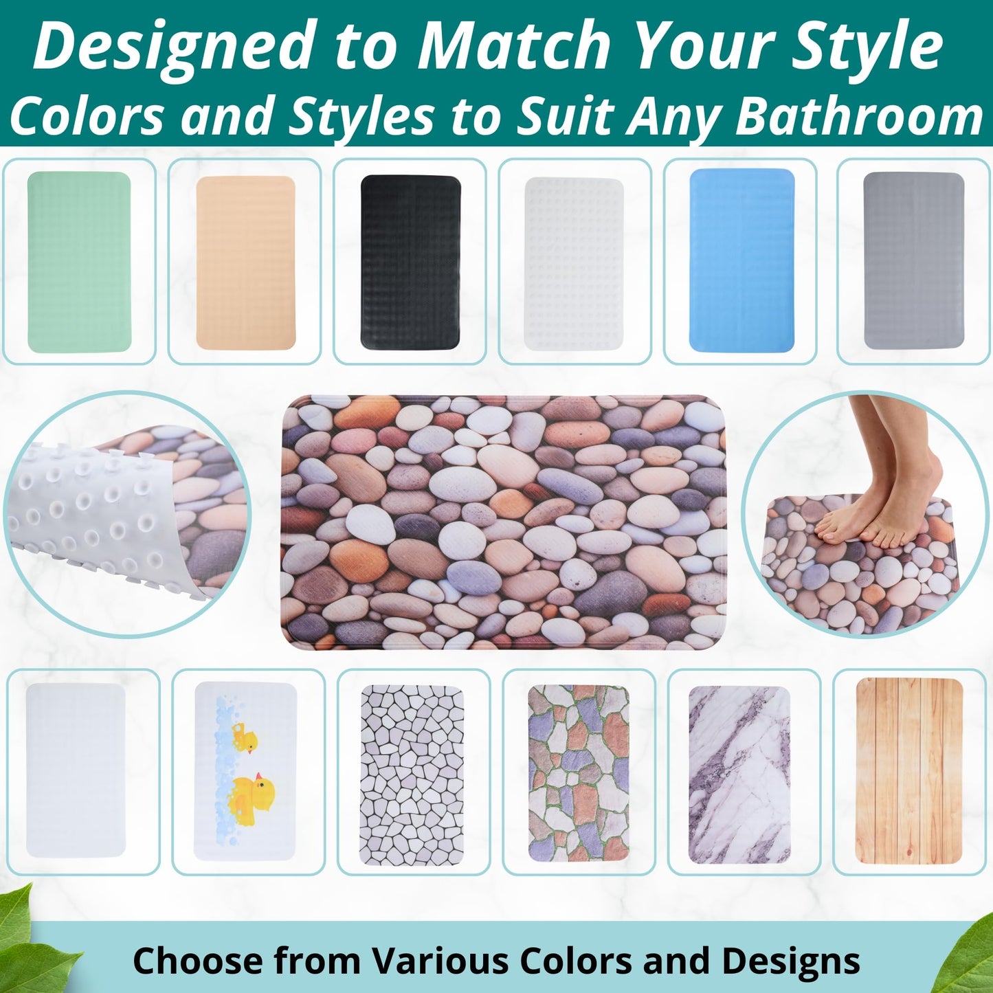ENKOSI Non Slip Bath Mat for Tub and Shower Floors – Anti Slip Shower Mat with Strong Secure Grip – Unique Pebble Stone Print Bathroom Mat for Inside Bathtub and Smooth Stalls (28x16 Pebble Stone)