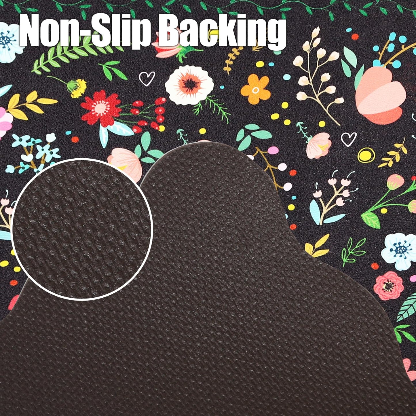 CQKEDMA Scalloped Kitchen Mats for Floor 3 Piece Set, Kitchen Floor Mat Non Slip Washable, Narrow Kitchen Runner Rugs Waterproof Boho Floral Standing Mat Door Mat for Sink Laundry, Hallways, Black