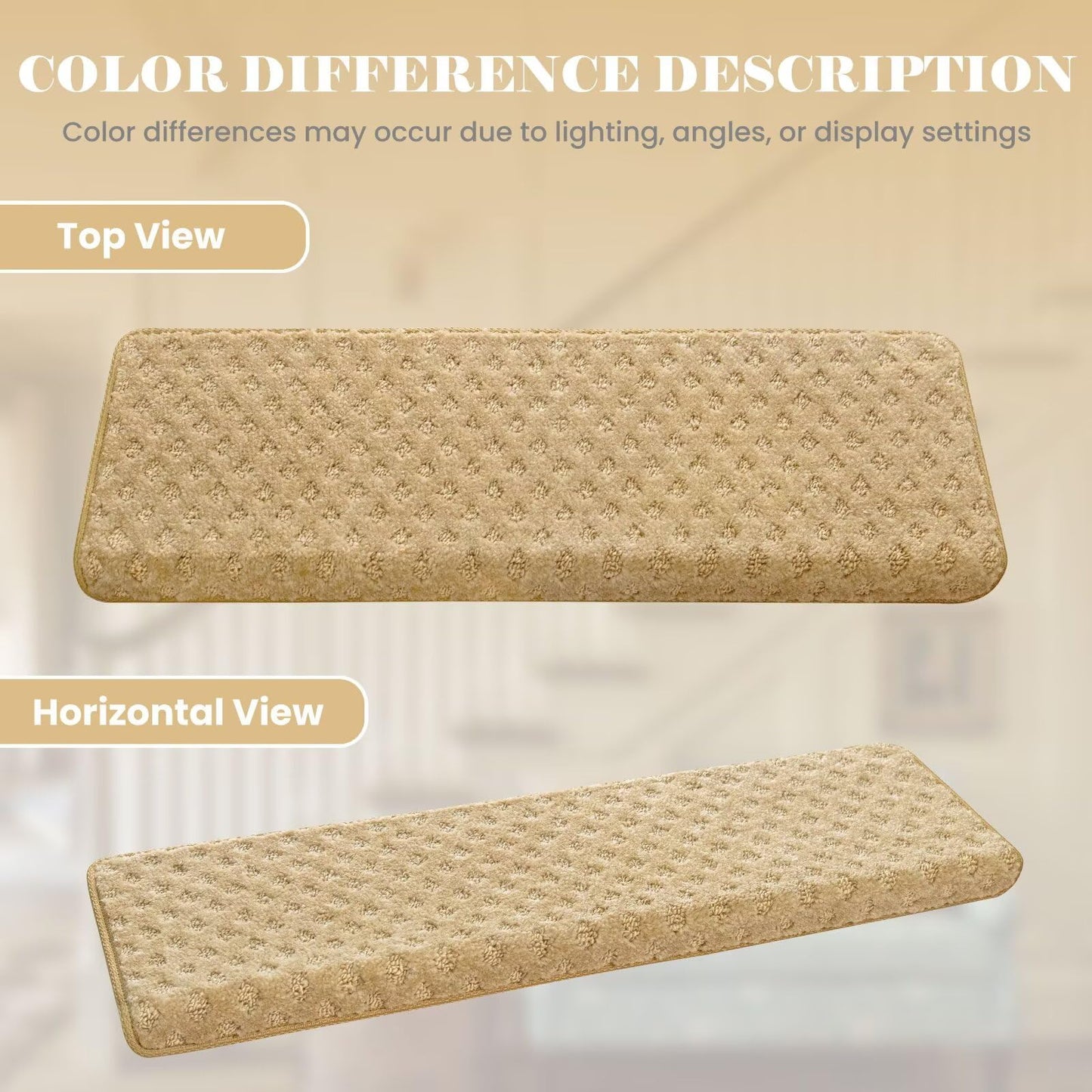 DEXDE Bullnose Carpet Stair Treads Non Slip for Wooden Steps Indoor, 30" x 9.5" x 1.7" (14 Pack) - Peel and Stick Stair Runner Rugs with Edge Protection, Washable & Reusable Pet Friendly Mats, Beige