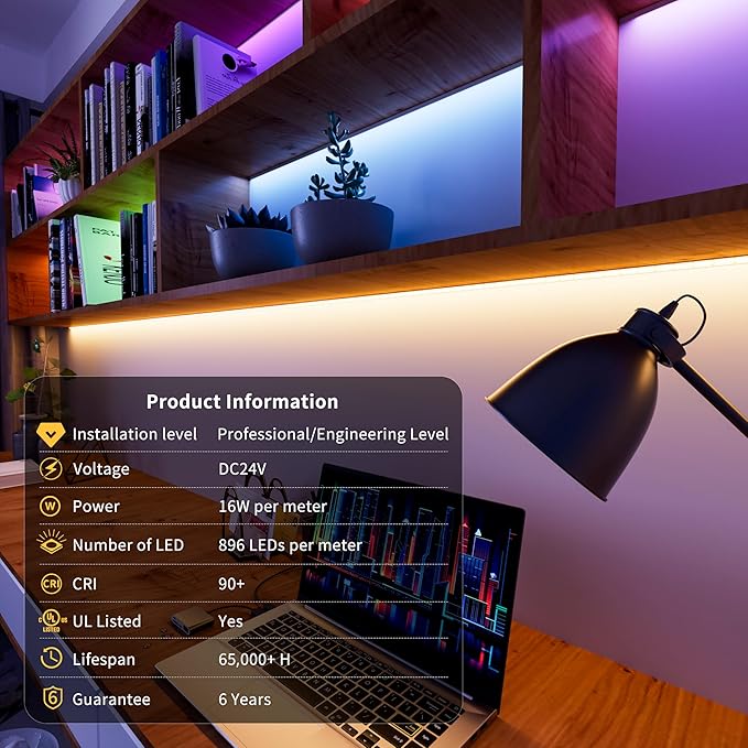 PAUTIX RGBW 6000K COB LED Strip Light 24ft/7.5m,UL Listed 24V Color Changing Tape Lights with 896LEDs/m Multicolor Flexible for TV,Bedroom,Party DIY Decoration(Power Supply & Controller Not Included)
