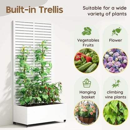 Metal Raised Garden Bed with Trellis & Wheels,72" x 35"x 15.7" Planter Box with Trellis,Privacy Planters for Patio,Garden Bed for Climbing Plants,Suitable for Climbing Plants and Vegetables,White