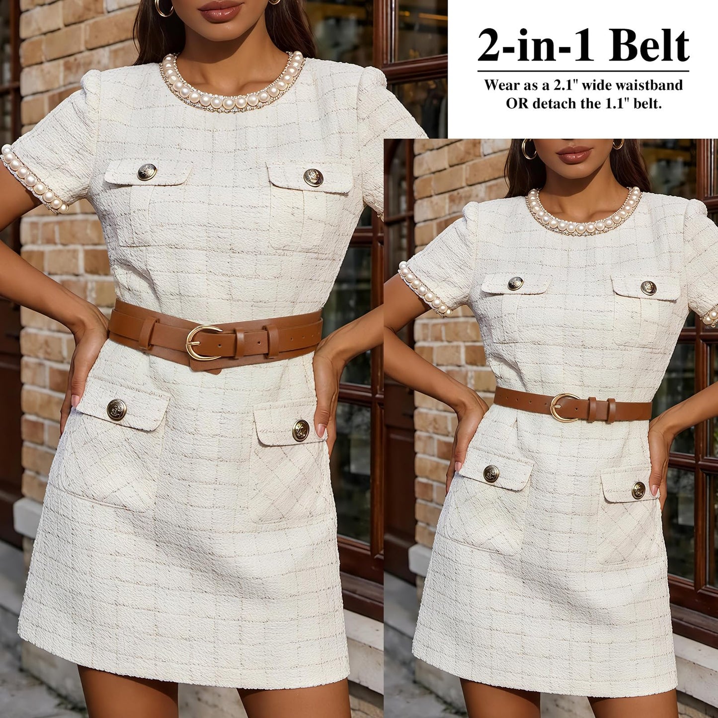 SANSTHS Belt for Women 2-in-1 Waistband for Dress Coats Pants, Women Wide Leather Belt with Fashion Buckle, Brown S