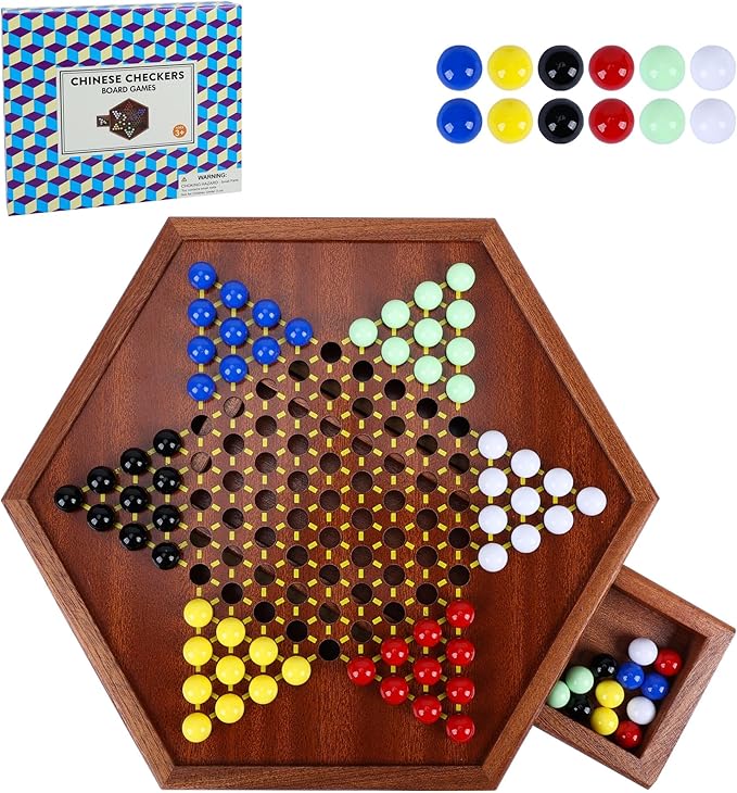 Wooden Chinese Checkers Set with Storage Drawer 13 inches Upgraded Version Game Board 60+12 Acrylic Marbles in 6 Colors Classic Strategy Games for Adults and Kids Fun for Family Gathering