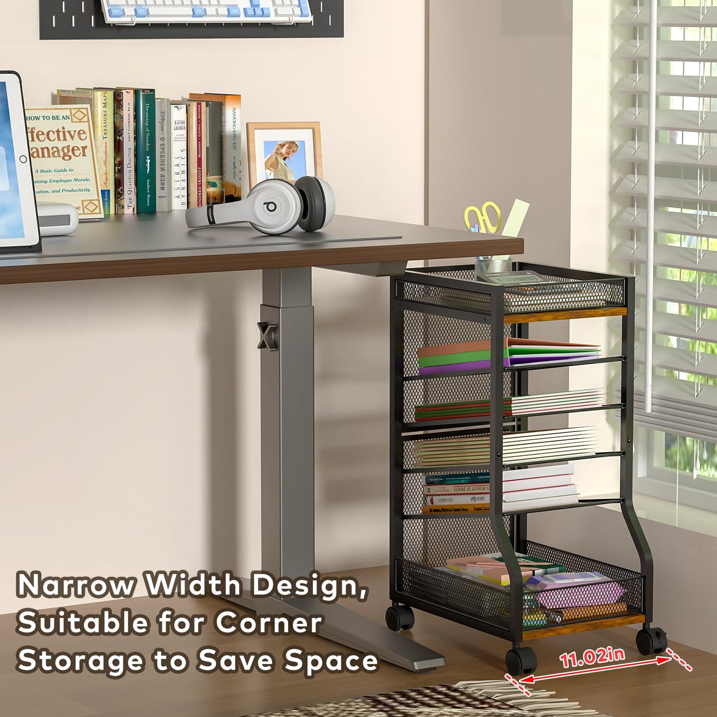 keomaisyto 6-Tier Standing File Organizer for Office Organization, Under Desk File Holder with Sliding Mesh Paper Letter Trays, Slim Rolling File Cart with Wheels for Home/Office/Study
