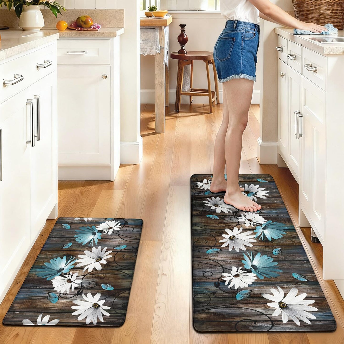 Anti Fatigue Farmhouse Kitchen Rugs Set of 2,Daisy Floral Kitchen Mats For Floor,Rustic Kitchen Decor, Anti-slip and Anti-Fatigue Foam Standing Mat,17x30 inch Sink Mat+17x47 inch Runner Rug Gray