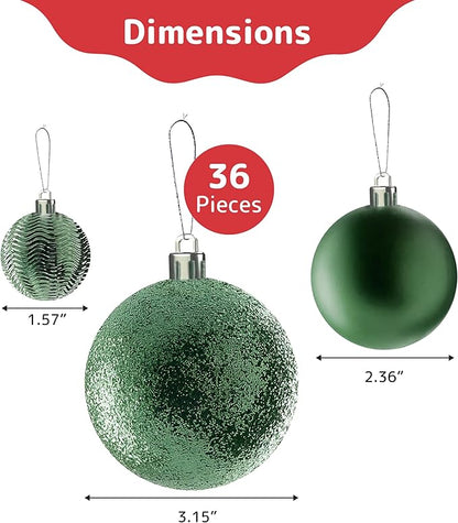 Prextex Christmas Tree Ornaments - Emerald Green Christmas Ball Ornaments Set for Christmas, Holiday, Wreath & Party Decorations (36 pcs - Small, Medium, Large) Shatterproof, 3 Size Combo