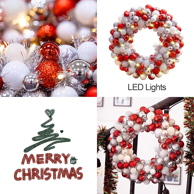 Amooca 16in Christmas Ball Wreath with LED Lights Front Door Window Decorative Hanging Ornaments Table Centerpiece Holiday Party Home Decoration Red White Silver
