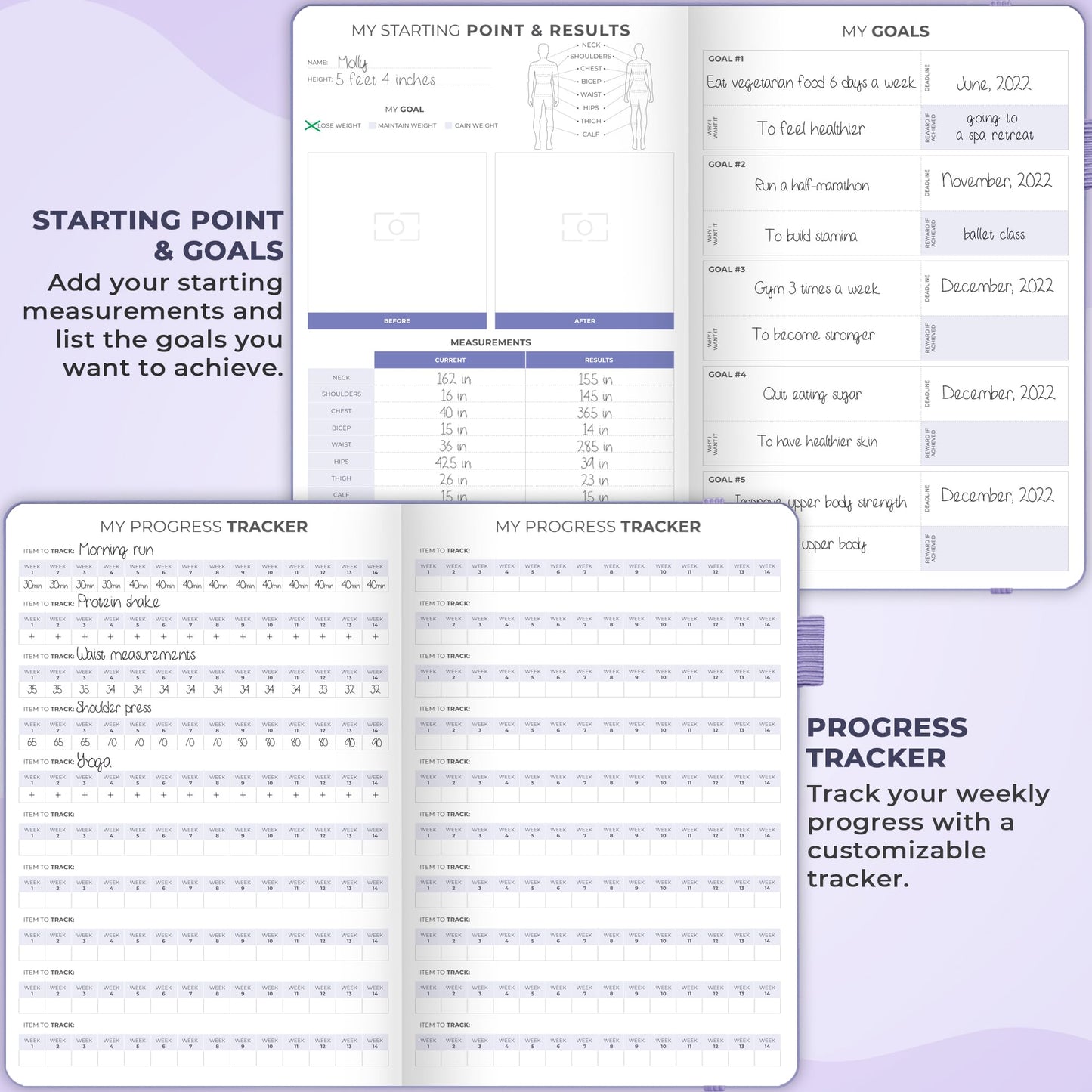 Clever Fox Fitness & Food Journal – Nutrition & Workout Planner for Women & Men – Diet & Gym Exercise Log Book with Calendars, Diet & Training Trackers - Undated, A5 Size, Hardcover (Lavender)