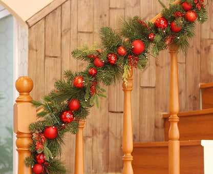 6 Feet Pre-lit Christmas Ornament Fake Pine Garland w 24 Red Balls Real Grapevine Base (30 LED Lights, 8 Flash Options) for Xmas Decor at Shop Home Door Corridor Wall Window Table Cabinet (Battery)