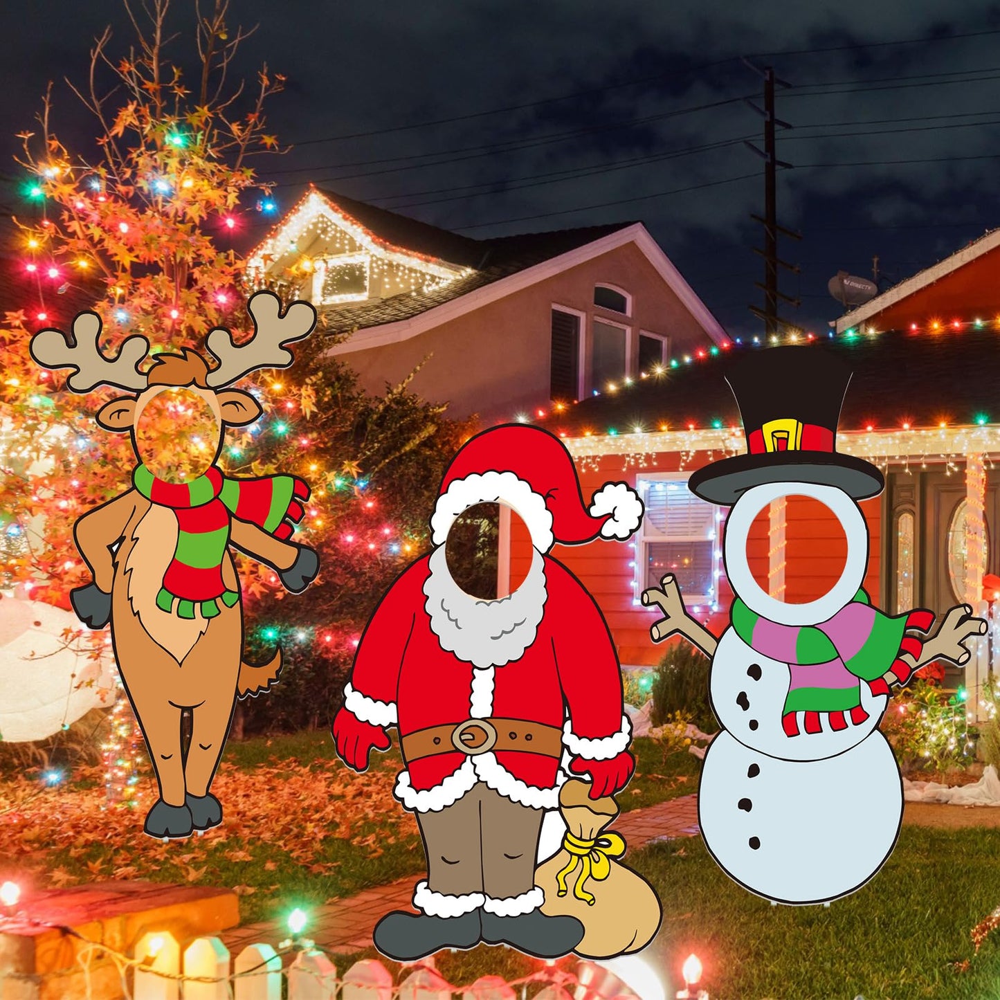 Soaoo 3 Pcs 36" Christmas Yard Sign Snowman Santa Claus Reindeer Photo Props Xmas Outdoor Decorations Large with Stakes Holiday Face Photo Cutout Decorations for Yard Lawn Garden Xmas Gifts
