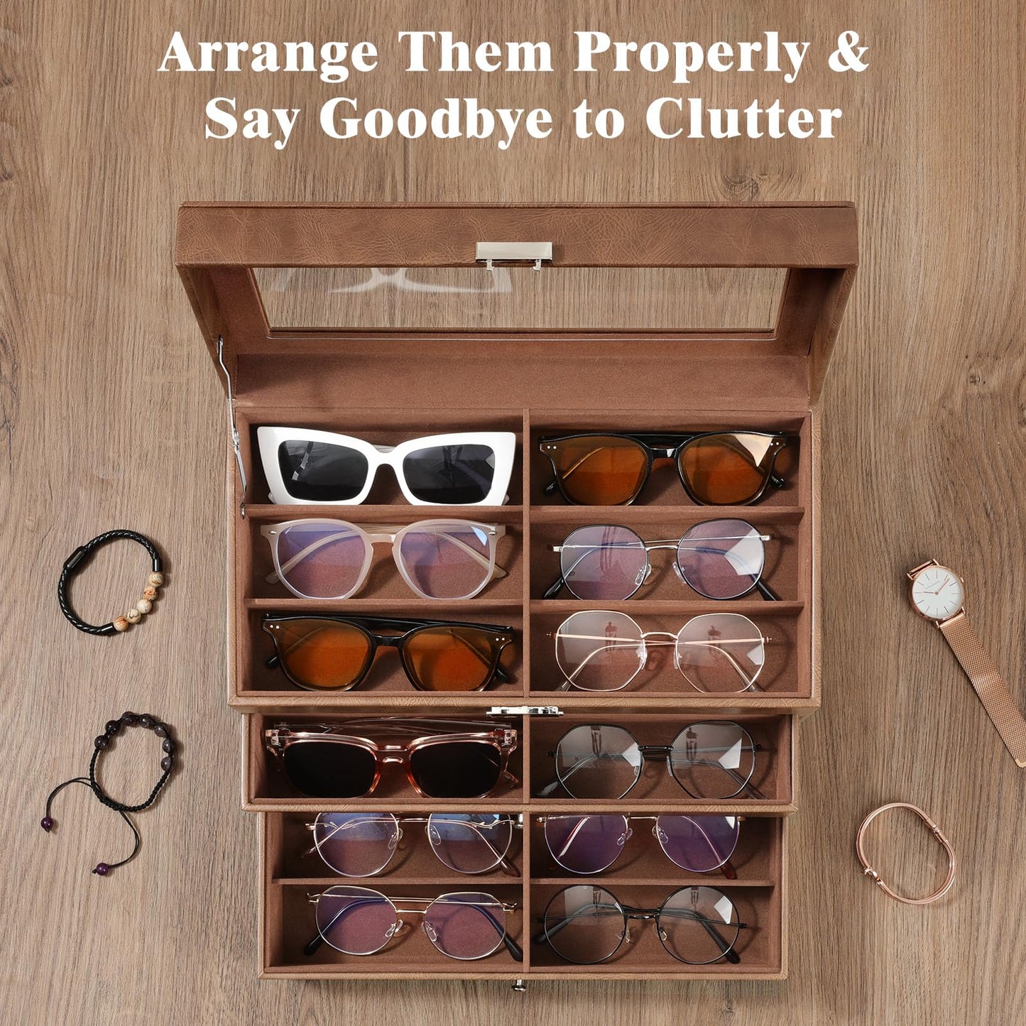 MoKo Sunglasses Organizer with 18 Slots, 3-layer Leather Sunglass Display Collection Holder Case with Drawer Clear Glass Lid, Lockable Eyeglass Glass Jewelry Watch Storage Box for Women Men, Brown