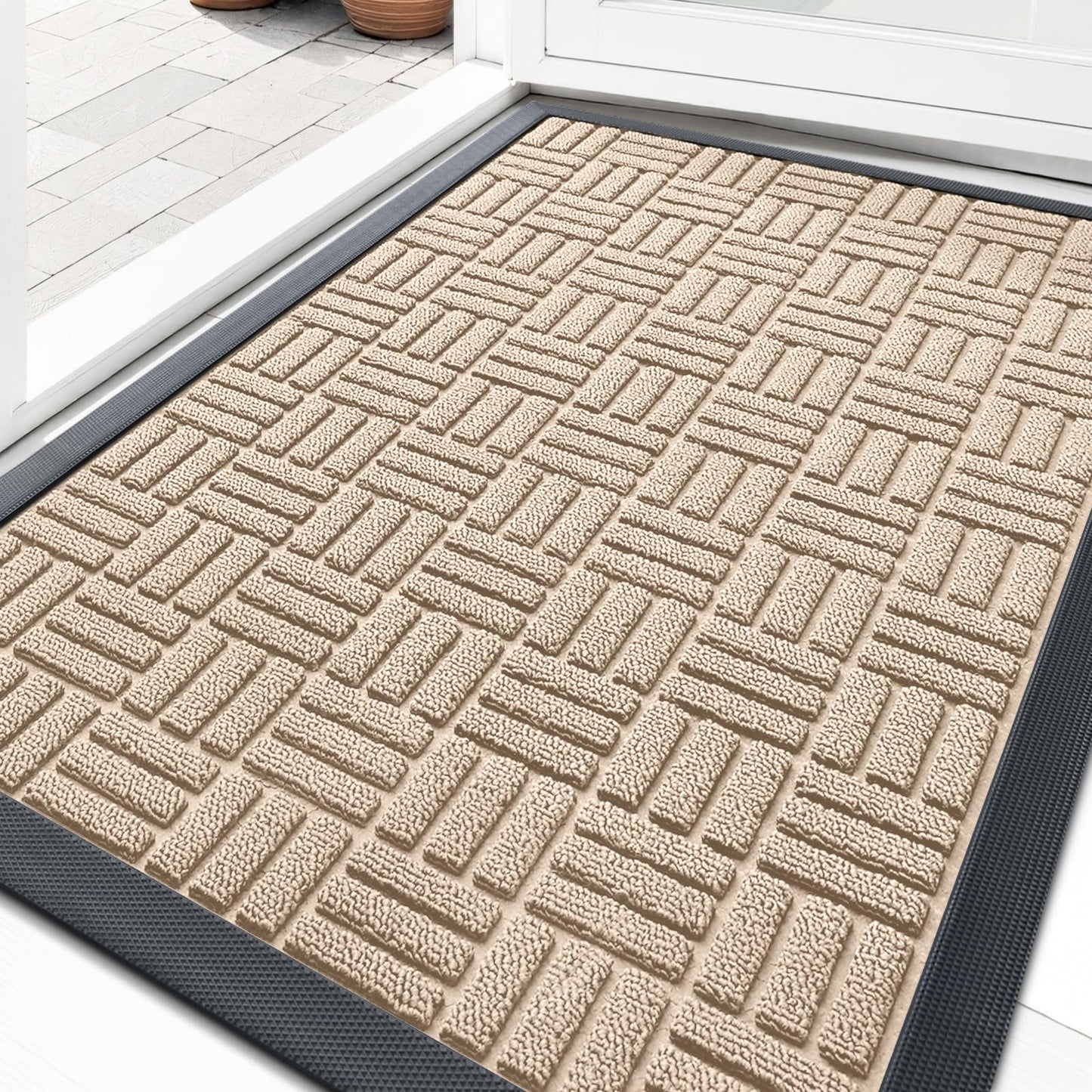 OLANLY Front Door Mat Outside Entrance 29.5x17, Absorbent, Heavy Duty Sturdy Natural Rubber Doormat Indoor Outdoor, Non-Slip, Stain and Fade Resistant, Low Profile Floor Mat for Entryway, Latte White