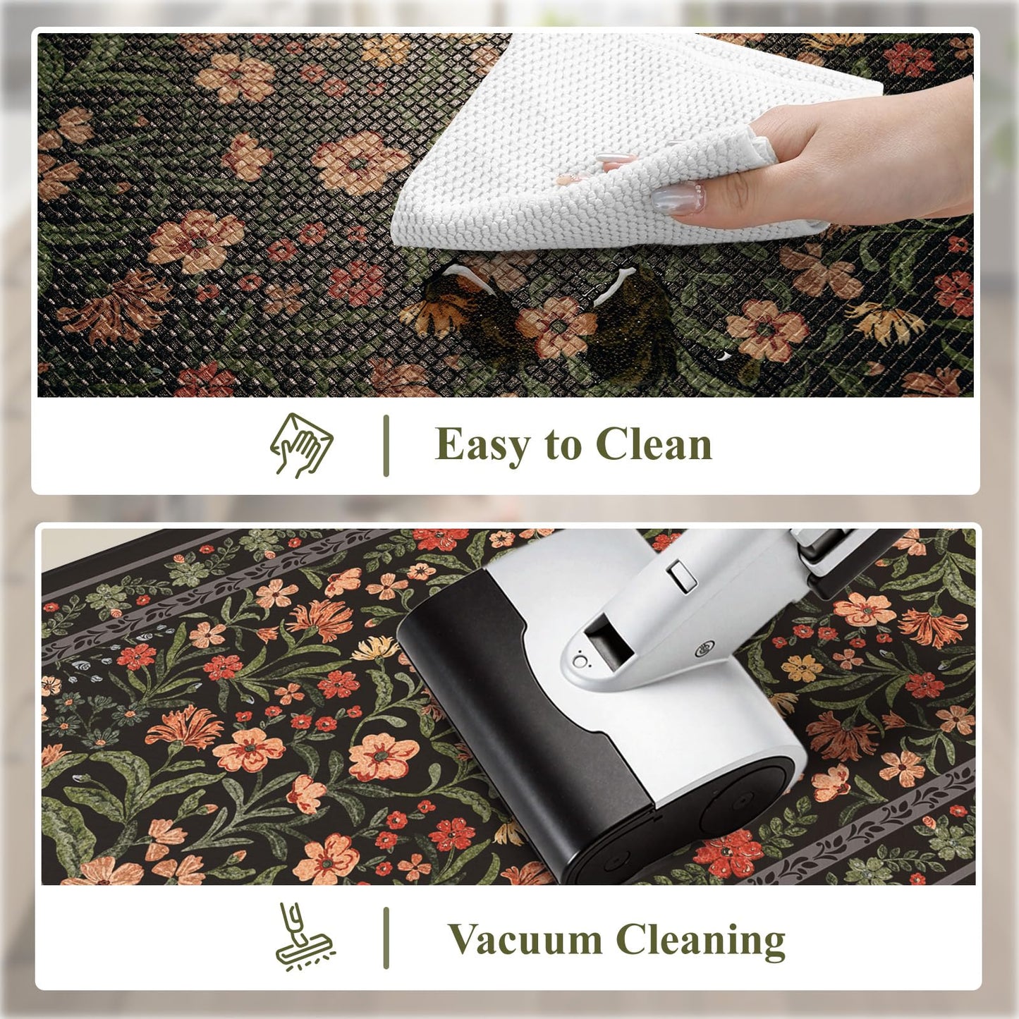 Collive Anti Fatigue Mat for Kitchen Floor, Waterproof Cushioned Sink Mats Non Slip Floral Kitchen Rugs Set of 2, Black Comfort Modern Standing Rug for Office, Laundry, Desk, 17"x30"+17"x47"