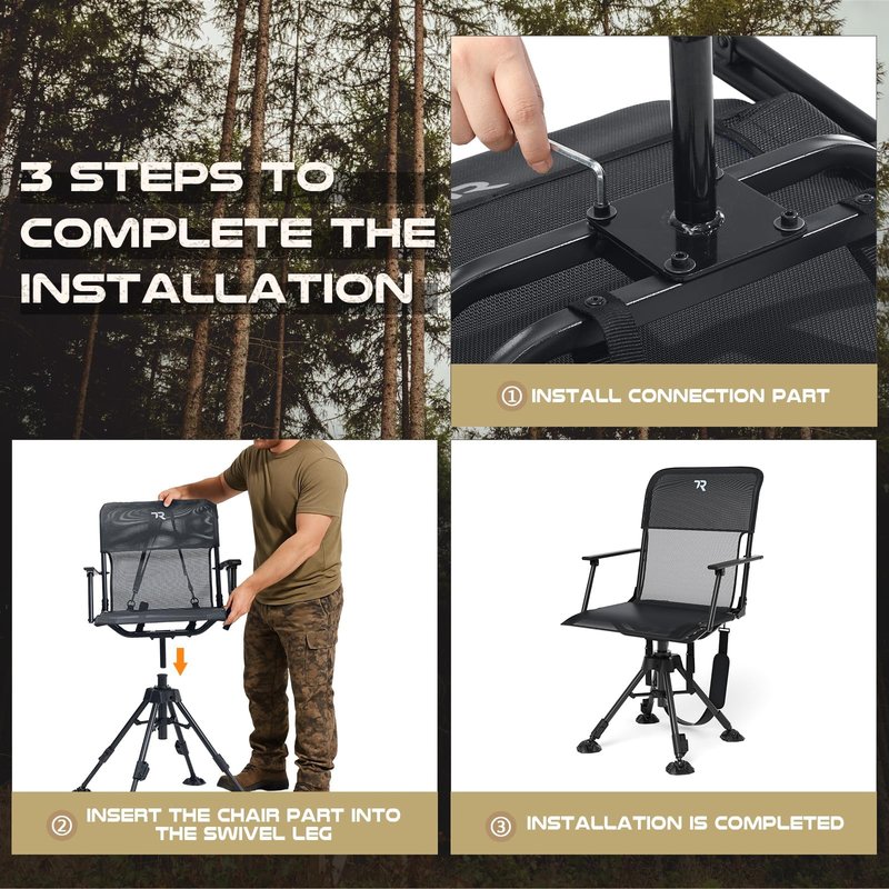 TR 360 Degree Swivel Hunting Blind Chair,400 lbs Capacity Silent,Height Adjustable Hunting Chair with Armrests,Portable Ground Hunting Seat for Deer Turkey