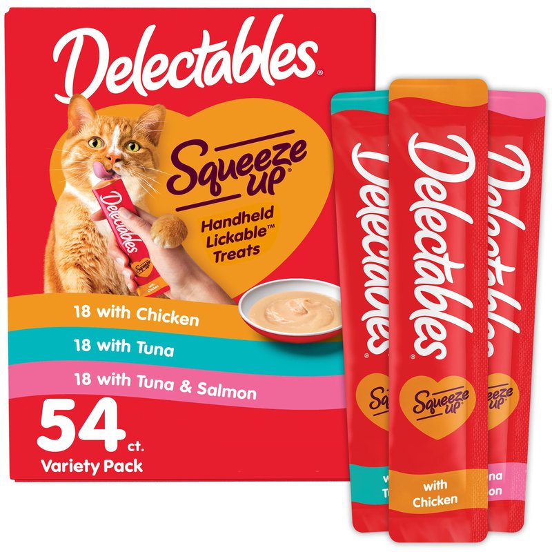 Delectables Squeeze Up Variety Pack, Creamy Squeezable Puree, Lickable Wet Cat Treats, Grain Free, No Fillers, by-Products, Preservatives, 0.5 Ounces Tube, 54 Tubes Total