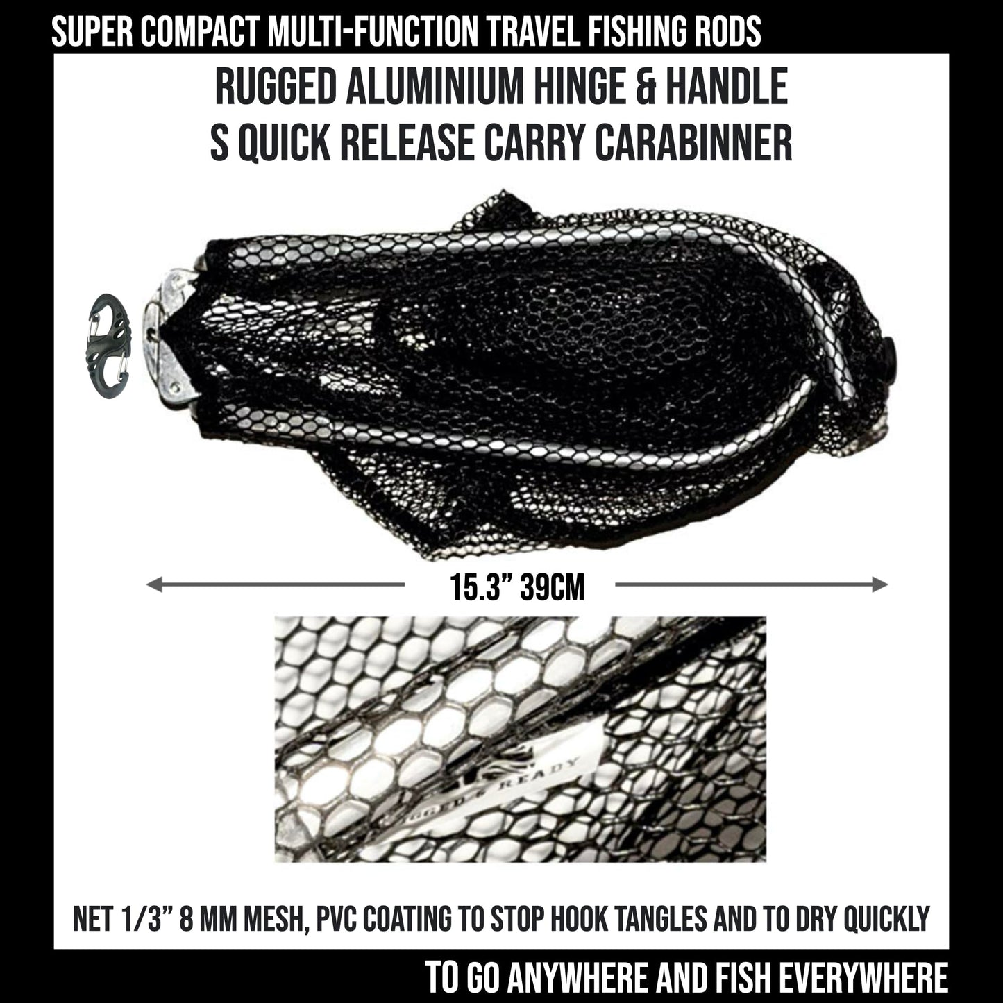 Travel Fishing Landing Net. Super Compact, Folding, Rugged Travel Fish Net. Extra Deep Coated, Low Smell Net + S Carry Hook. Freshwater and Saltwater Angling.