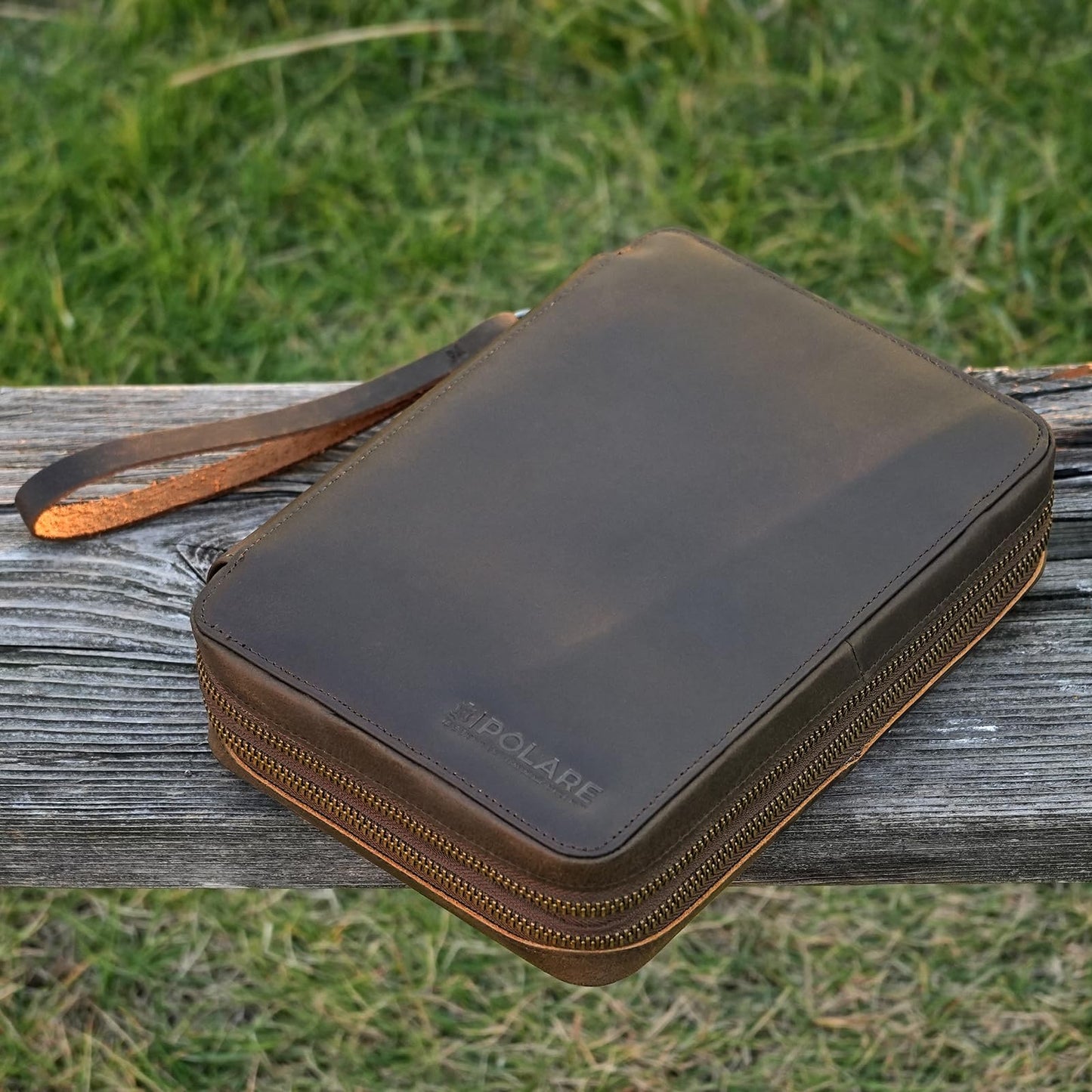 Polare Full Grain Leather Travel Cable Organizer Case Double Layer Electronics Accessories Carry Bag with YKK Zippers Tech Storage Bag for Cables, Power Bank, USB, SD Card