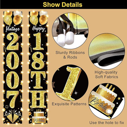 18th Birthday Party Banner Lighted Decorations for Men and Women - Black Gold Vintage 2007 18th Birthday Door Banners with LED Light, Eighteen Years Birthday Party Supplies for Indoor Outdoor Decor