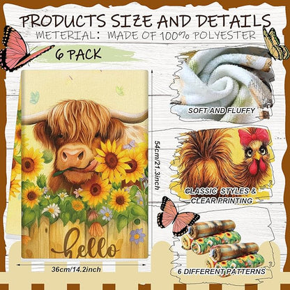 Breling Set of 6 Farmhouse Animal Kitchen Towels Funny Dish Towel Bathroom