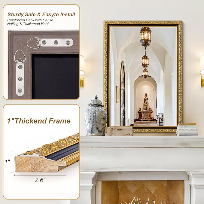 Vintage Black Gold Mirror, 40'' x 28'' Rectangular Antique Wall Mirrors with Ornate Wood Frame, Decorative Mirrors for Living Room, Bathroom, Bedroom, Entryway, Fireplace, Horizontal/Vertical
