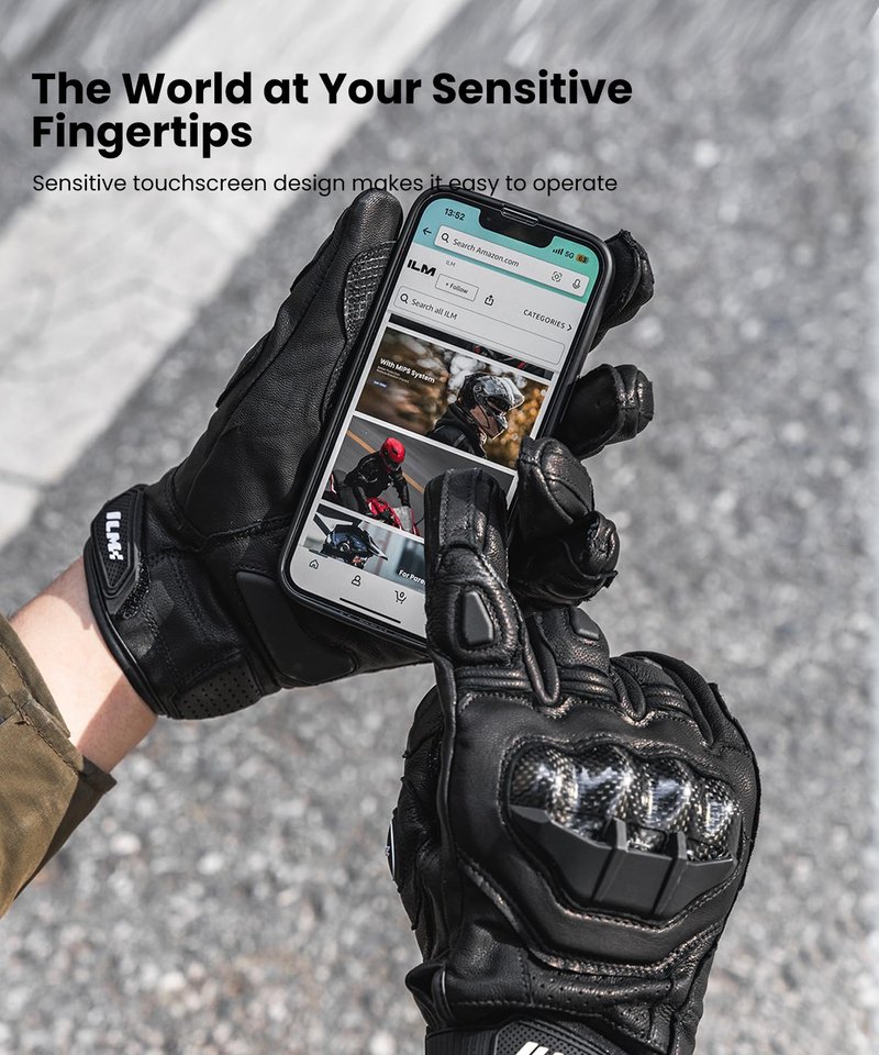 ILM Air Flow Leather Motorcycle Gloves Touchscreen for Men and Women Model-GRC01 (L, Black)