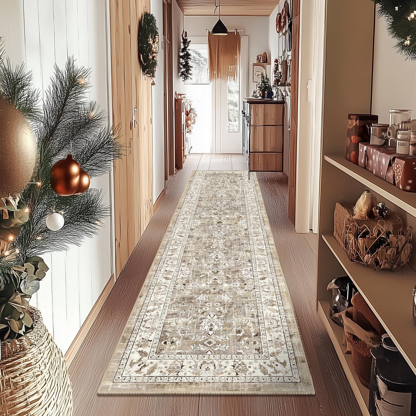 LOKHOM Washable Runner Rug, 2x8 Non-Slip Vintage Hallway Runner Rug with Rubber Backing, Boho Floral Soft Faux Wool Kitchen Rug Carpet Runner for Laundry Entryway Bedroom (Beige Brown)