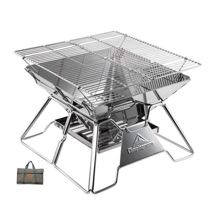 CAMPINGMOON Stainless Steel Foldable Camping Grills Portable Wood Burning Charcoal Grill 14-inch with Carrying Bag MT-2