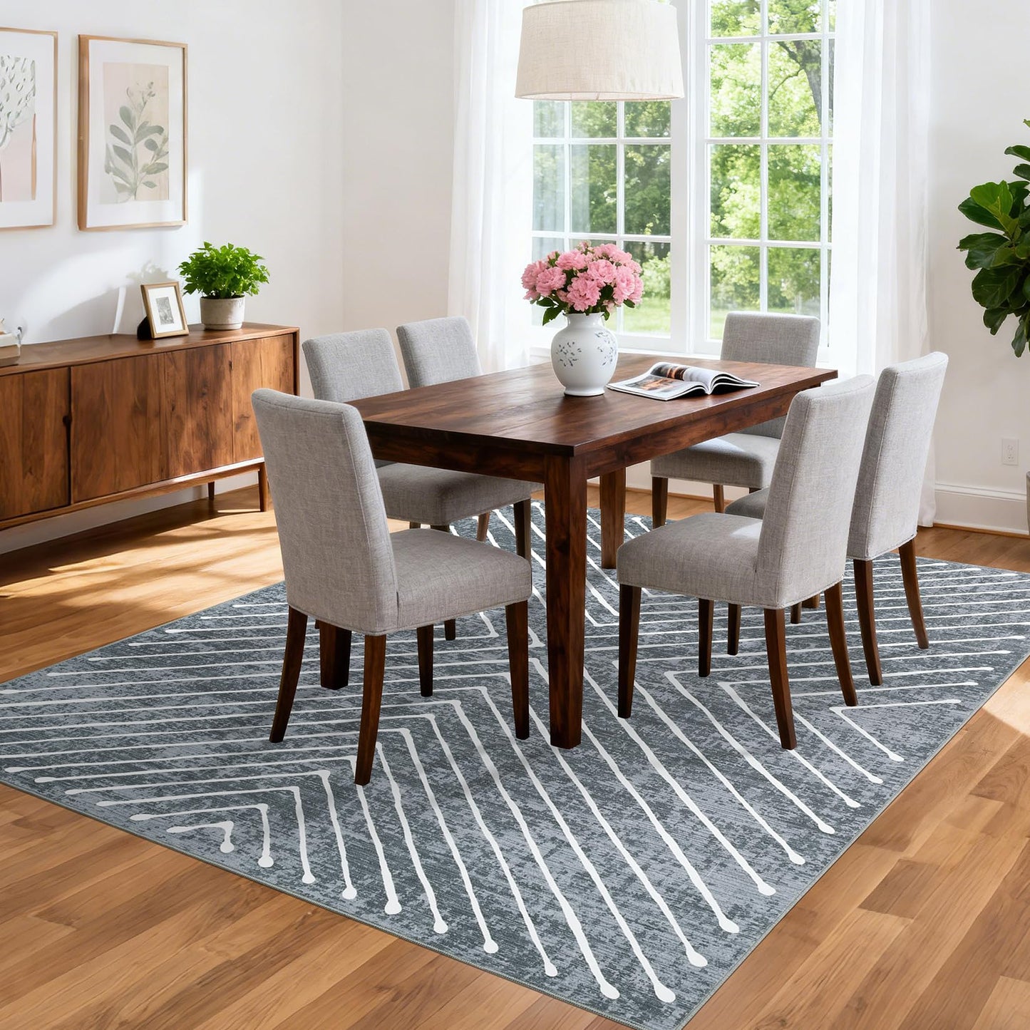 ROYHOME Geometric Area Rug 4x6 Washable Bedroom Rug Non Slip Contemporary Living Room Stain Resistant Modern Throw Dining Room Carpet Small Indoor Abstract Accent Carpet, Dark Grey