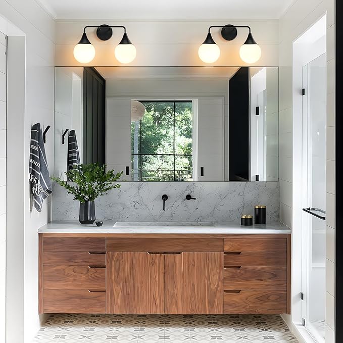 Bathroom Vanity Light Fixtures: 2 Lights Mid Century Farmhouse Bathroom Lighting Fixtures Over Mirror - Matte Black Wall Sconces with Frosted Globe Glass for Hallway Restroom