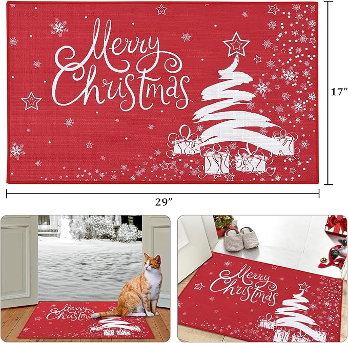 CAROMIO Christmas Doormat Xmas Holiday Decorative Christmas Tree Snowflake and Gift Pattern Welcome Mat for Home Decoration Non Slip Door Mat, Red, 17x29 Inch