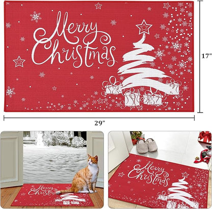 CAROMIO Christmas Doormat Xmas Holiday Decorative Christmas Tree Snowflake and Gift Pattern Welcome Mat for Home Decoration Non Slip Door Mat, Red, 17x29 Inch