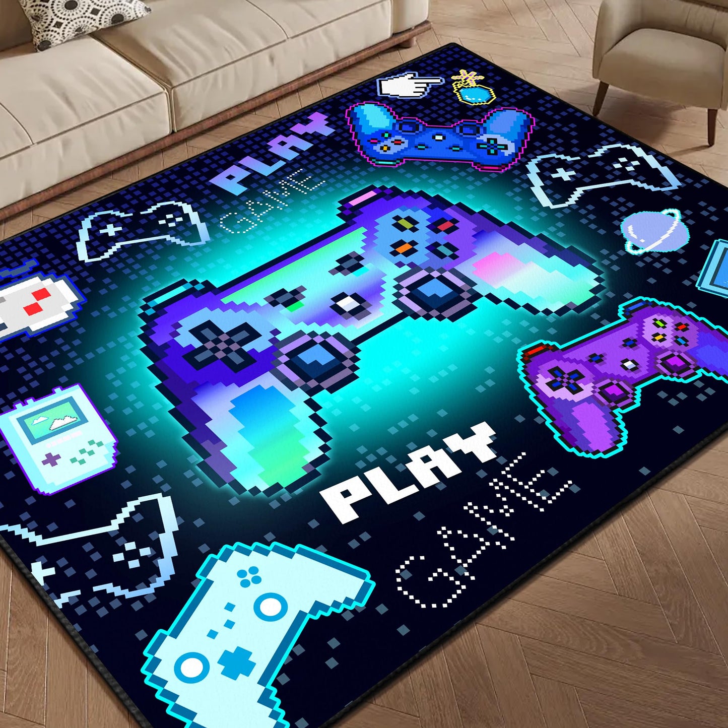 Didswuit Gaming Play Rug for Bedroom, 5'x 6'6" Whimsical Game Controller Mat Pixel Gamepad Carpet for Playroom, Gamer Décor for Game Lover Washable