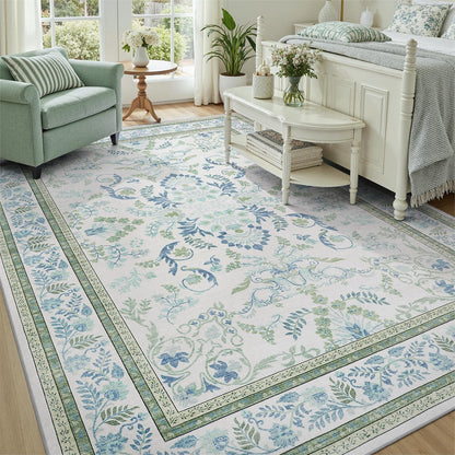 DCX Green 5x7 Rug, Kid & Pet Friendly with Rubber Back Non Slip, Machine Washable Stain Resistant Botanical Floral Rug for Living Room, Bedroom, Home Office, Soft Low Pile Large Nursery Carpet