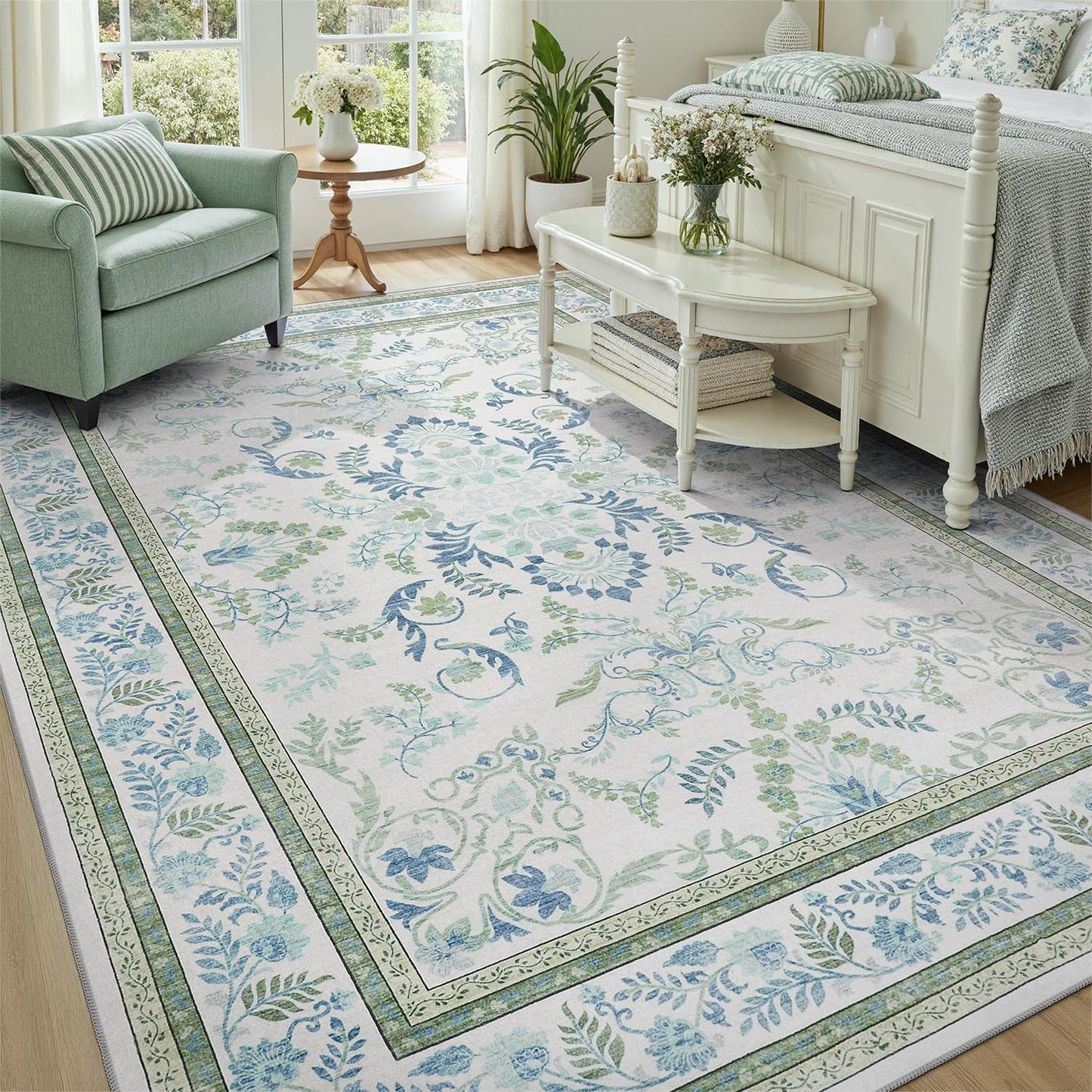 DCX Green 8x10 Rug, Kid & Pet Friendly with Rubber Back Non Slip, Machine Washable Stain Resistant Botanical Floral Rug for Living Room, Bedroom, Soft Low Pile Large Nursery Carpet