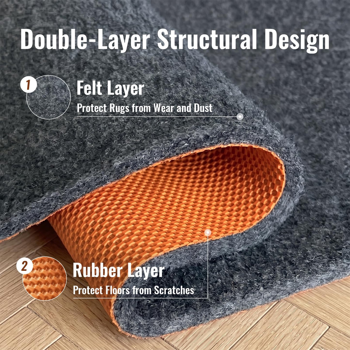 3 x 5 Ft Rug Pad Non-Slip, 1/4" Thick, Rug Gripper for Hardwood Floors, Felt and Natural Rubber Backing, Dual Surface, Cushioned Pads, Keep Carpets in Place, Protective Padding Under Area Rugs