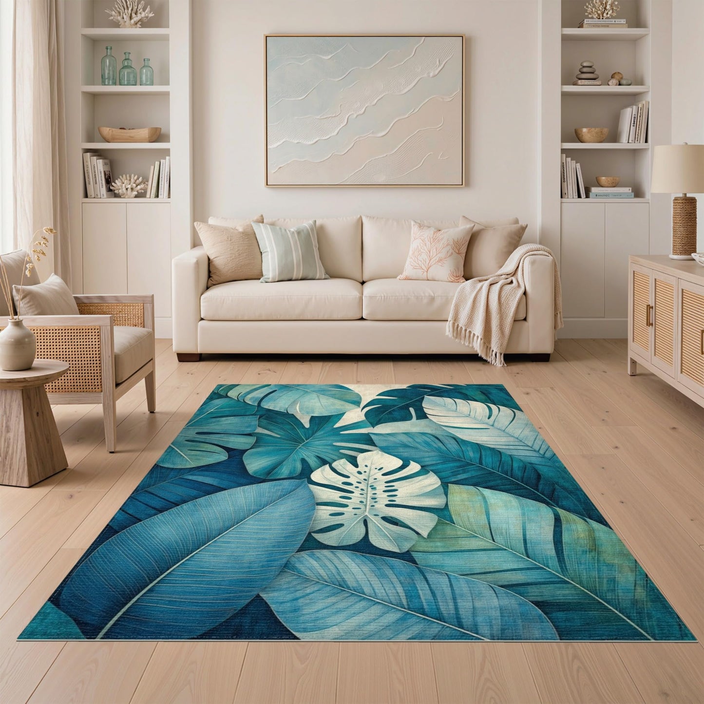 ODIKA Flatwoven High Traffic Area Rug 5x7, Tropical Breeze Mosaic with Monstera and Areca Leaf Interplay, Non Slip, Stain Resistant, Washable Area Rugs for Living Room, Bedroom (Teal, 5x7)