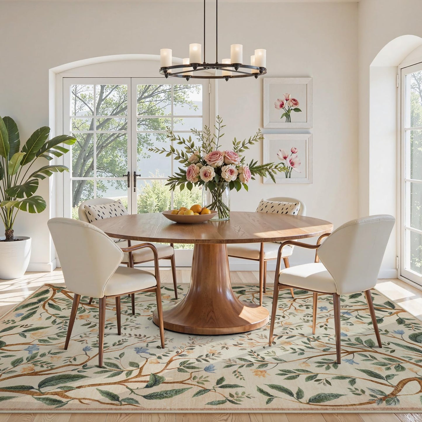 Collive Washable Area Rugs for Living Room, Beige 5x7 Bedroom Rug, Floral Forest Botanical Flourishing Vines Soft Non-Slip Stain Resistant Boho Carpet for Dining Room Office