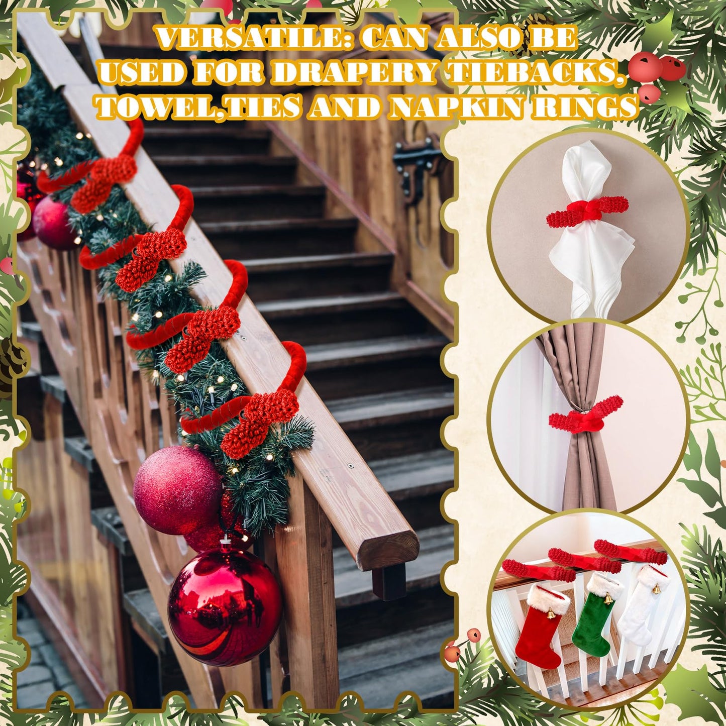 Jutom 16 Pcs 20 Inches Christmas Velvet Garland Ties Decorative Banister Twist Ties Reusable and Flexible for Xmas Light Banisters Home Stairways Railings Decoration(Red)