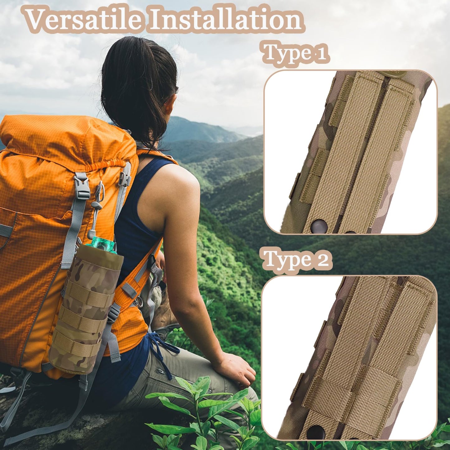 1000D Nylon Tactical Molle Water Bottle Pouches, Outdoor Sports Water Bottles Pouch Bag, 16/24/25/32/40oz Drawstring Open Top and Mesh Bottom Water Bottle Carrier Bag for Belt/Backpack/Vest/Bike